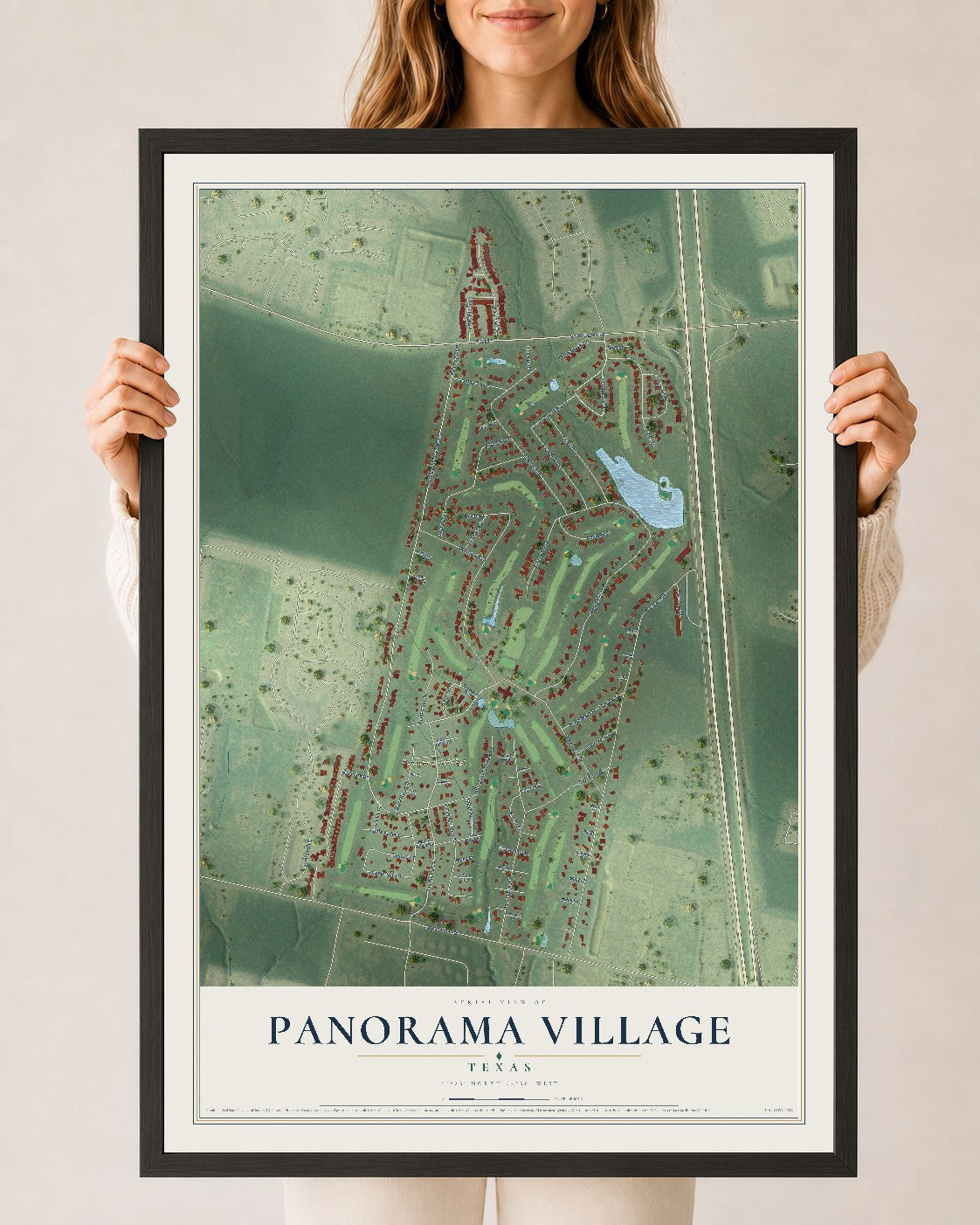 Map of Panorama Village, Texas, 24 x 36 inch print in a black wood frame
