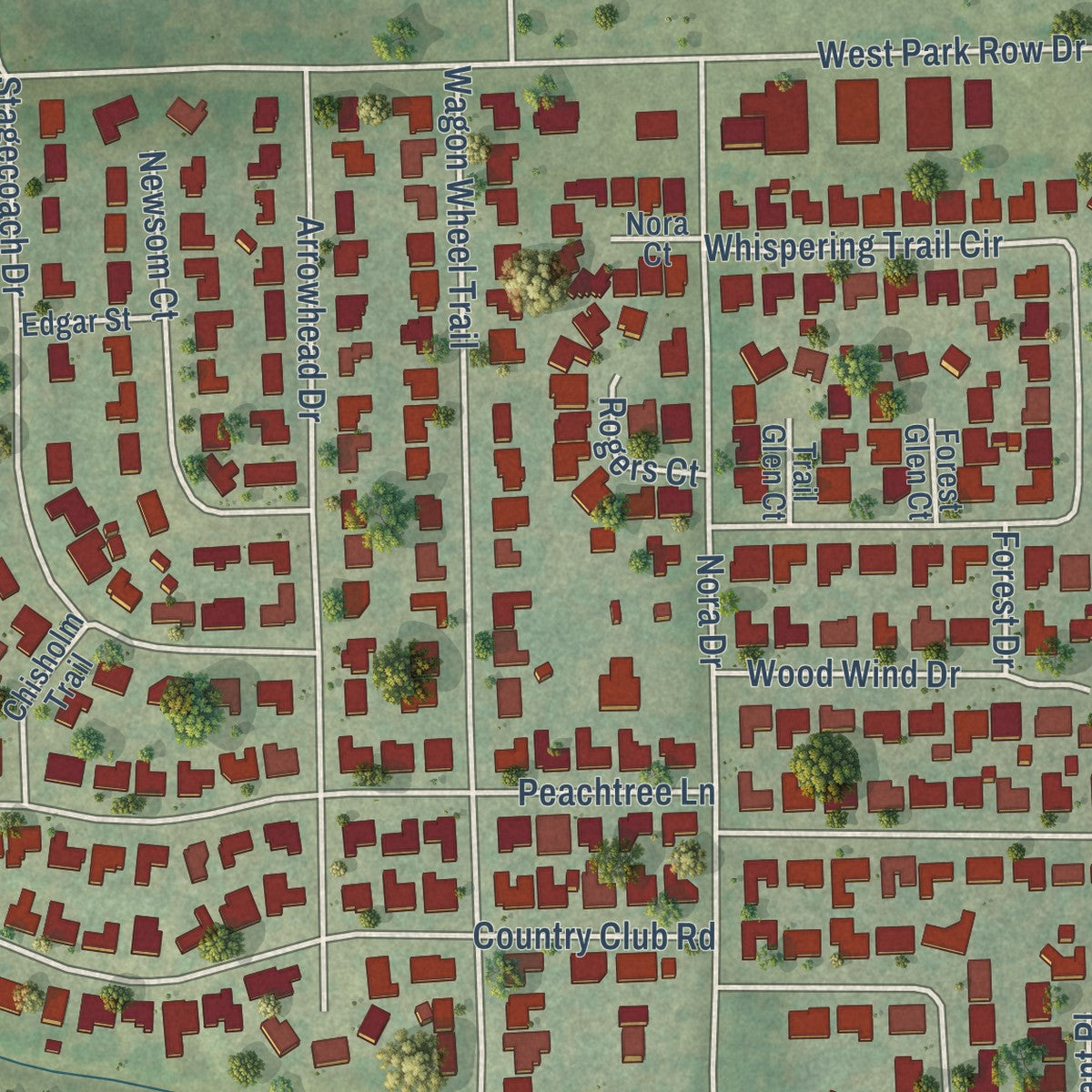 Close-up of the map of Pantego, Texas print showing street and building detail