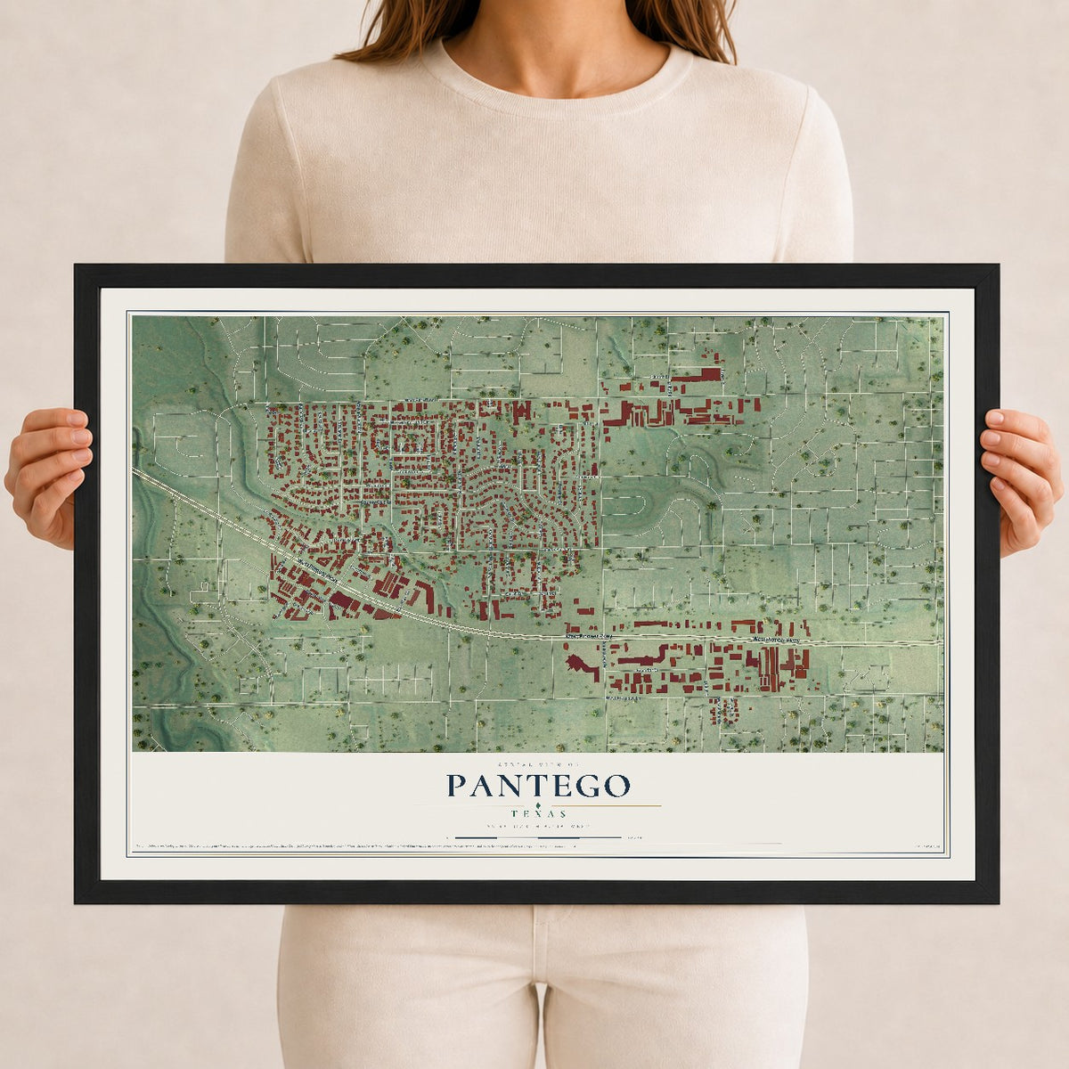 Map of Pantego, Texas, 12 x 18 inch print in a black wood frame