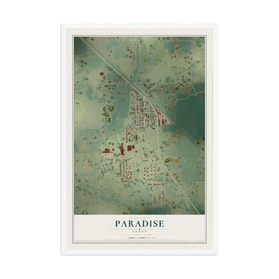 Map of Paradise, Texas, 12 x 18 inch print in a white wood frame