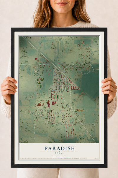 Map of Paradise, Texas, 18 x 24 inch print in a black wood frame