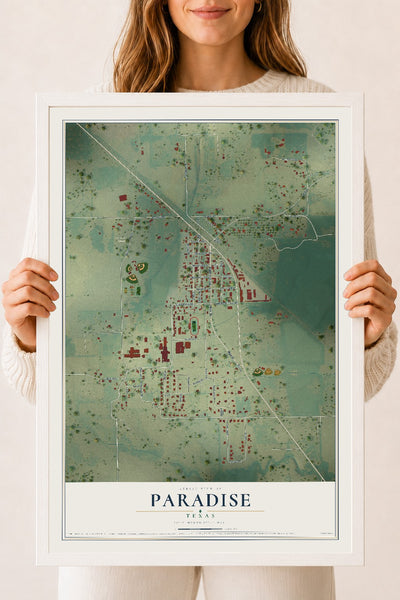 Map of Paradise, Texas, 18 x 24 inch print in a white wood frame