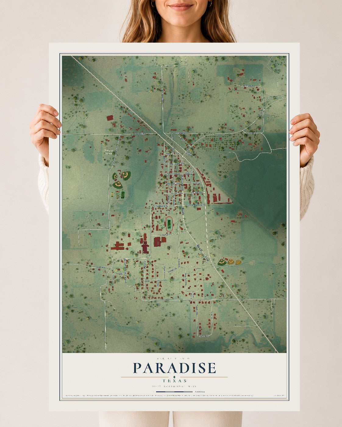 Map of Paradise, Texas, 24 x 36 inch unframed archival matte print
