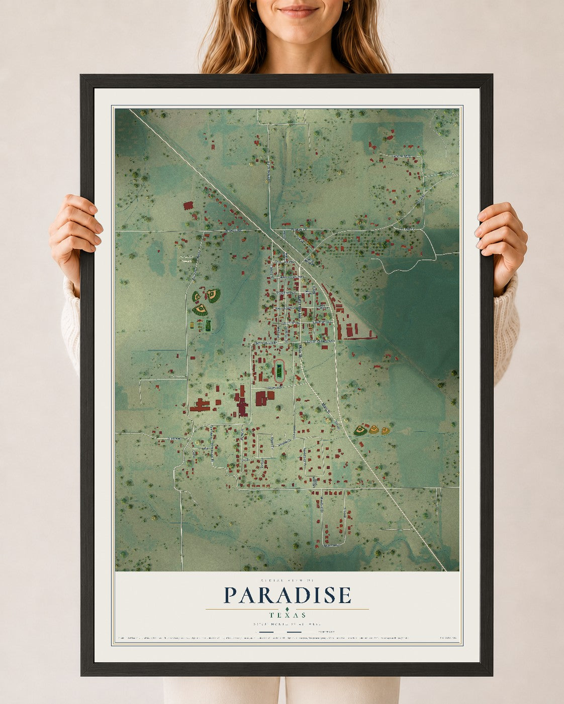 Map of Paradise, Texas, 24 x 36 inch print in a black wood frame