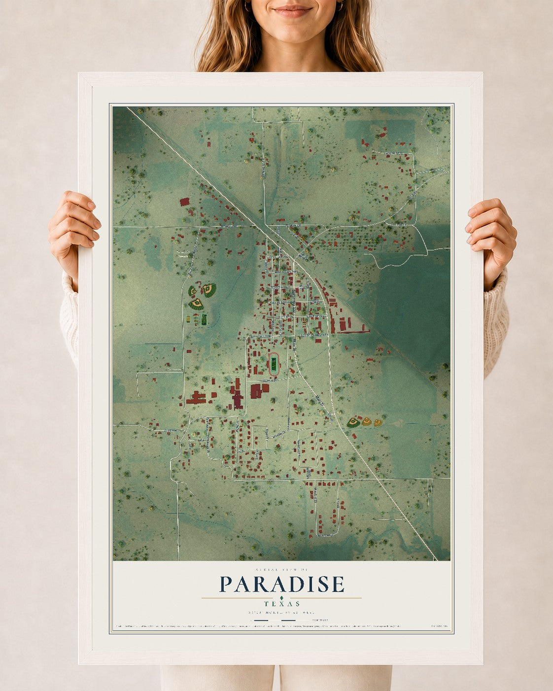 Map of Paradise, Texas, 24 x 36 inch print in a white wood frame