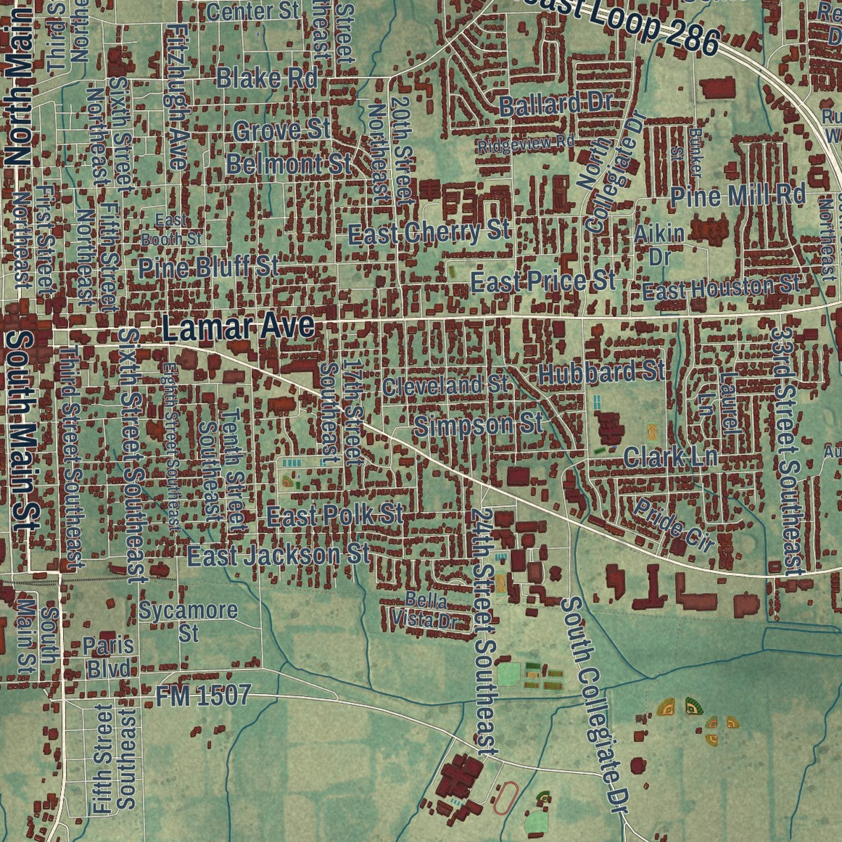 Close-up of the map of Paris, Texas print showing street and building detail