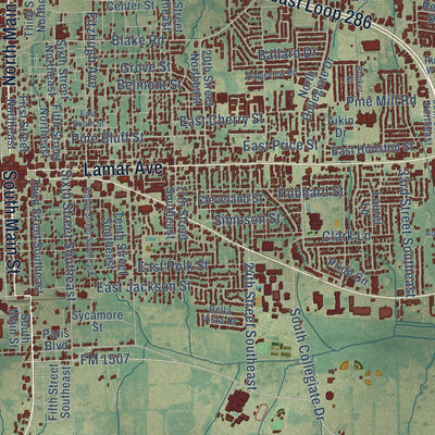 Close-up of the map of Paris, Texas print showing street and building detail