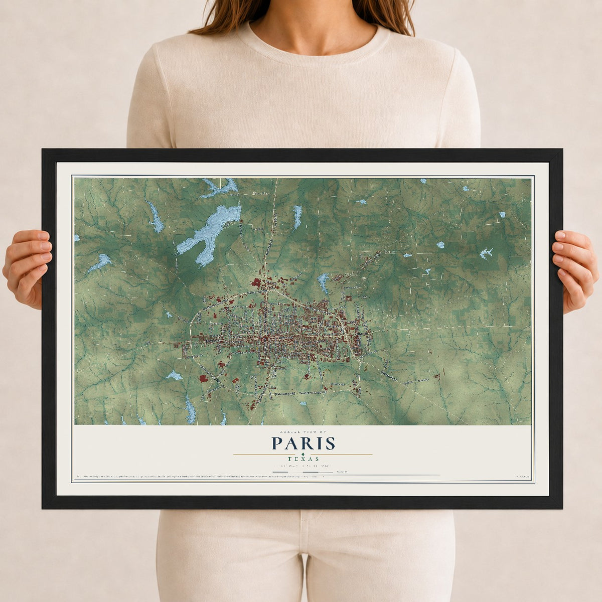 Map of Paris, Texas, 12 x 18 inch print in a black wood frame
