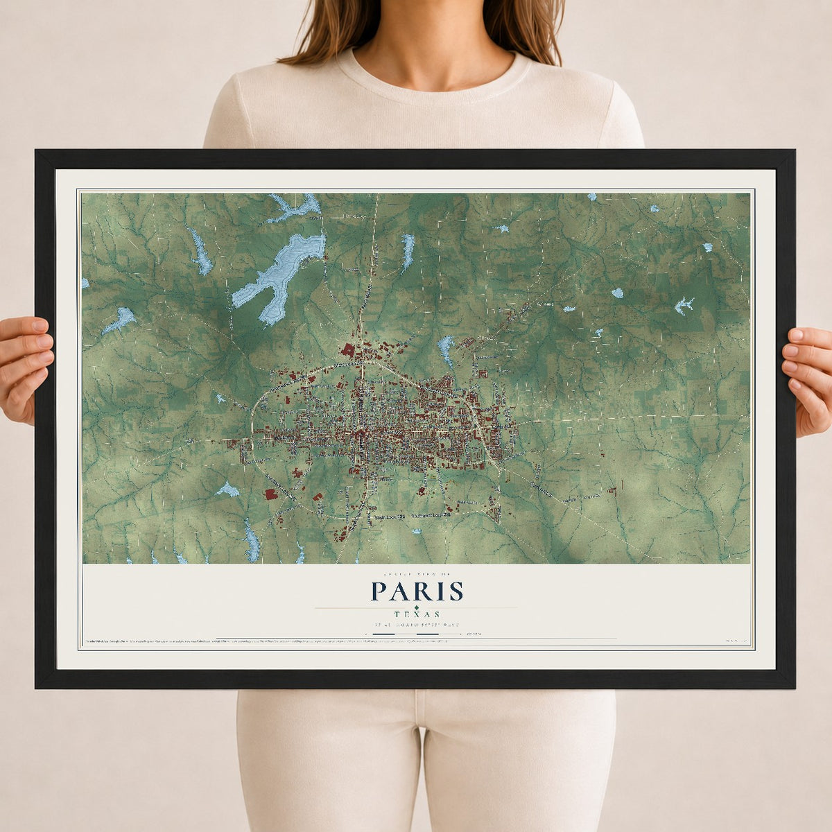 Map of Paris, Texas, 18 x 24 inch print in a black wood frame