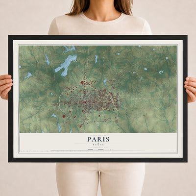 Map of Paris, Texas, 18 x 24 inch print in a black wood frame