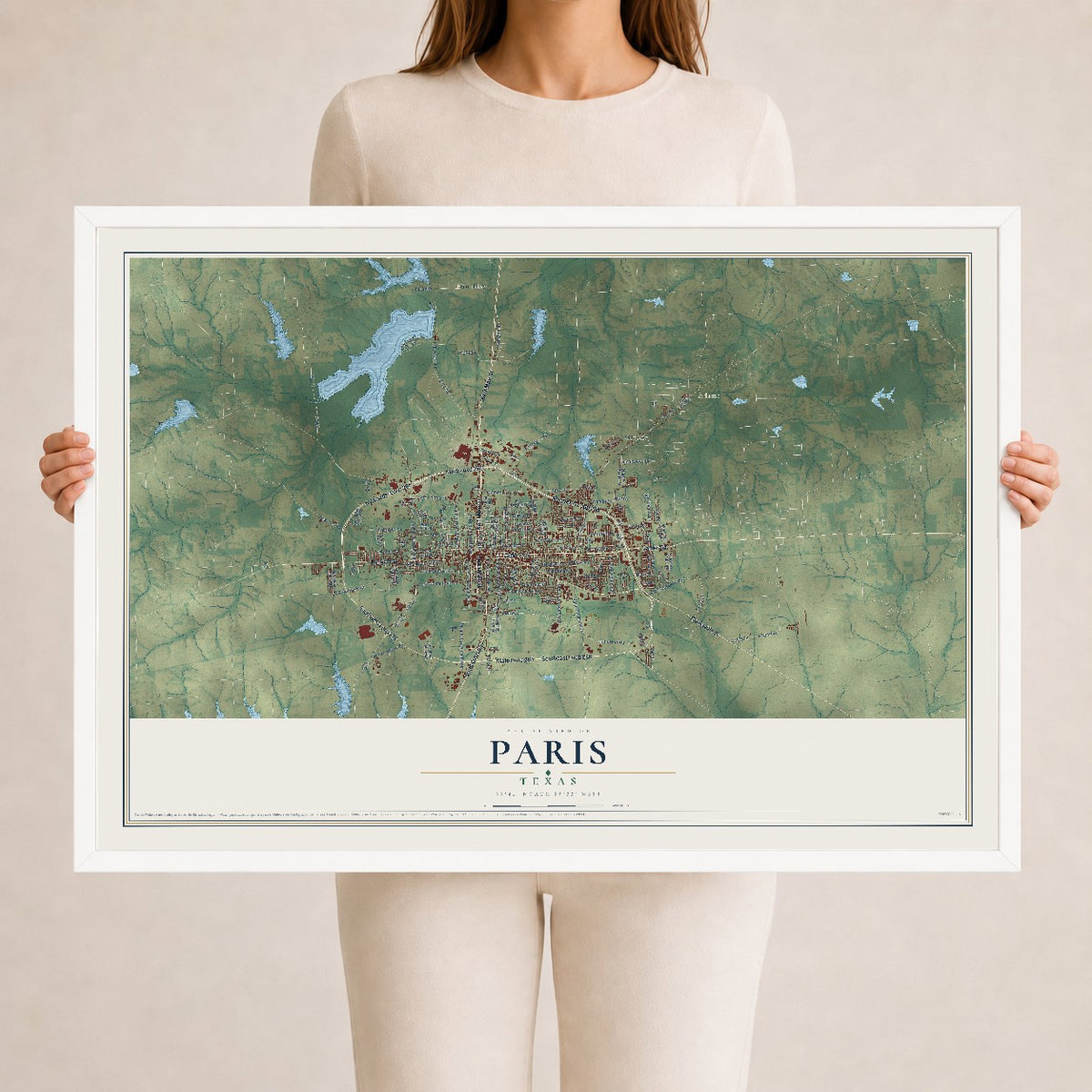 Map of Paris, Texas, 24 x 36 inch print in a white wood frame