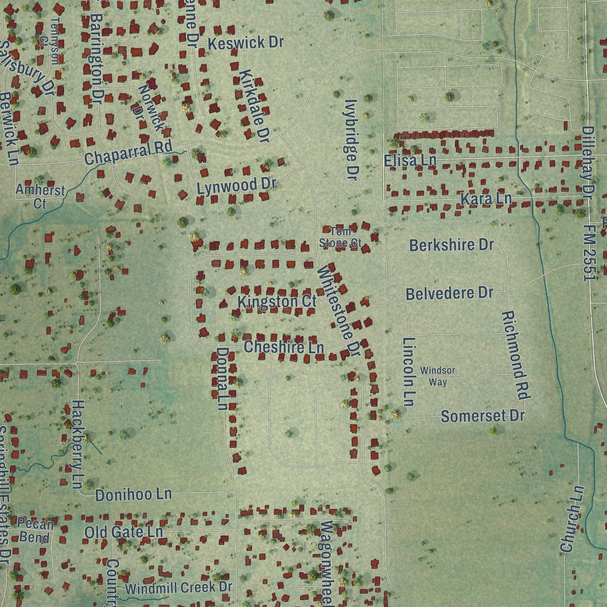 Close-up of the map of Parker, Texas print showing street and building detail