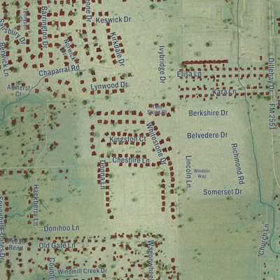 Close-up of the map of Parker, Texas print showing street and building detail