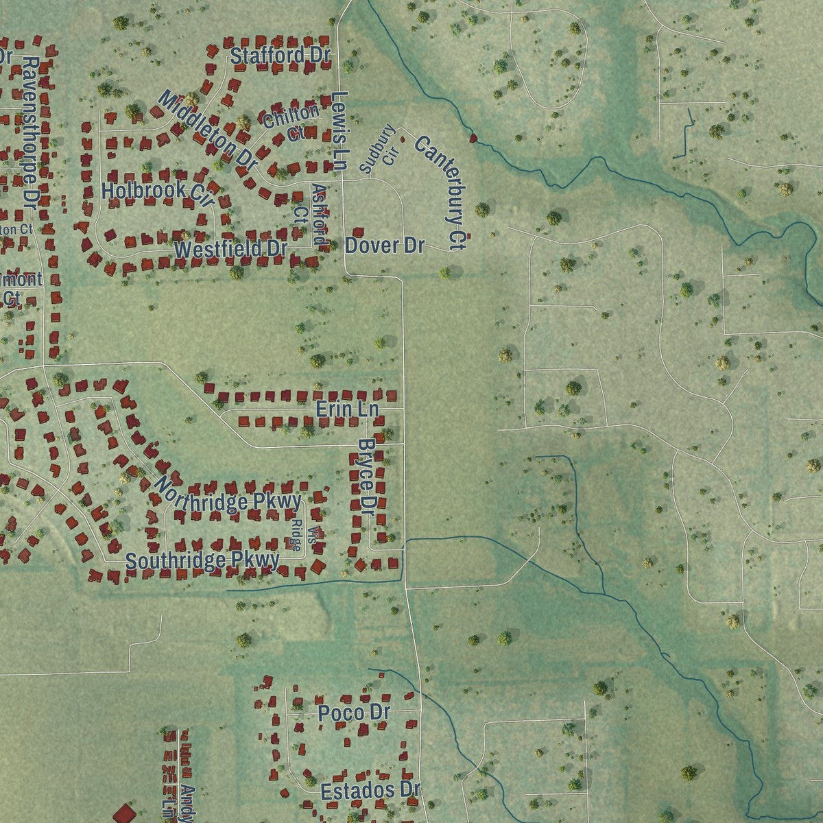 Second close-up of the map of Parker, Texas print showing more streets and buildings