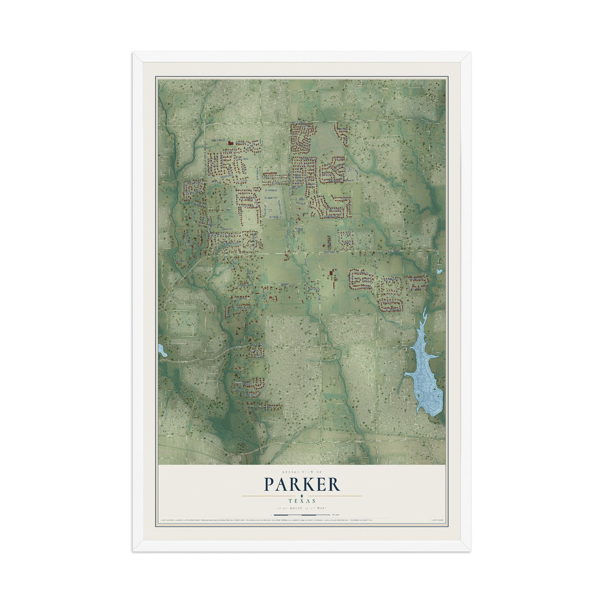 Map of Parker, Texas, 12 x 18 inch print in a white wood frame