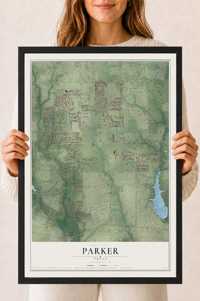 Map of Parker, Texas, 18 x 24 inch print in a black wood frame