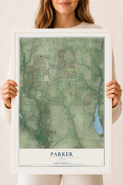 Map of Parker, Texas, 18 x 24 inch print in a white wood frame