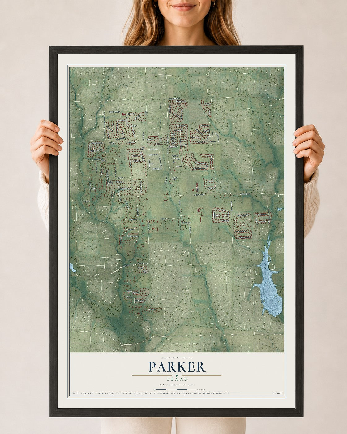 Map of Parker, Texas, 24 x 36 inch print in a black wood frame