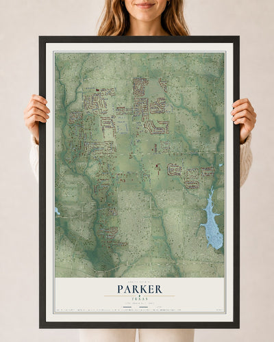 Map of Parker, Texas, 24 x 36 inch print in a black wood frame