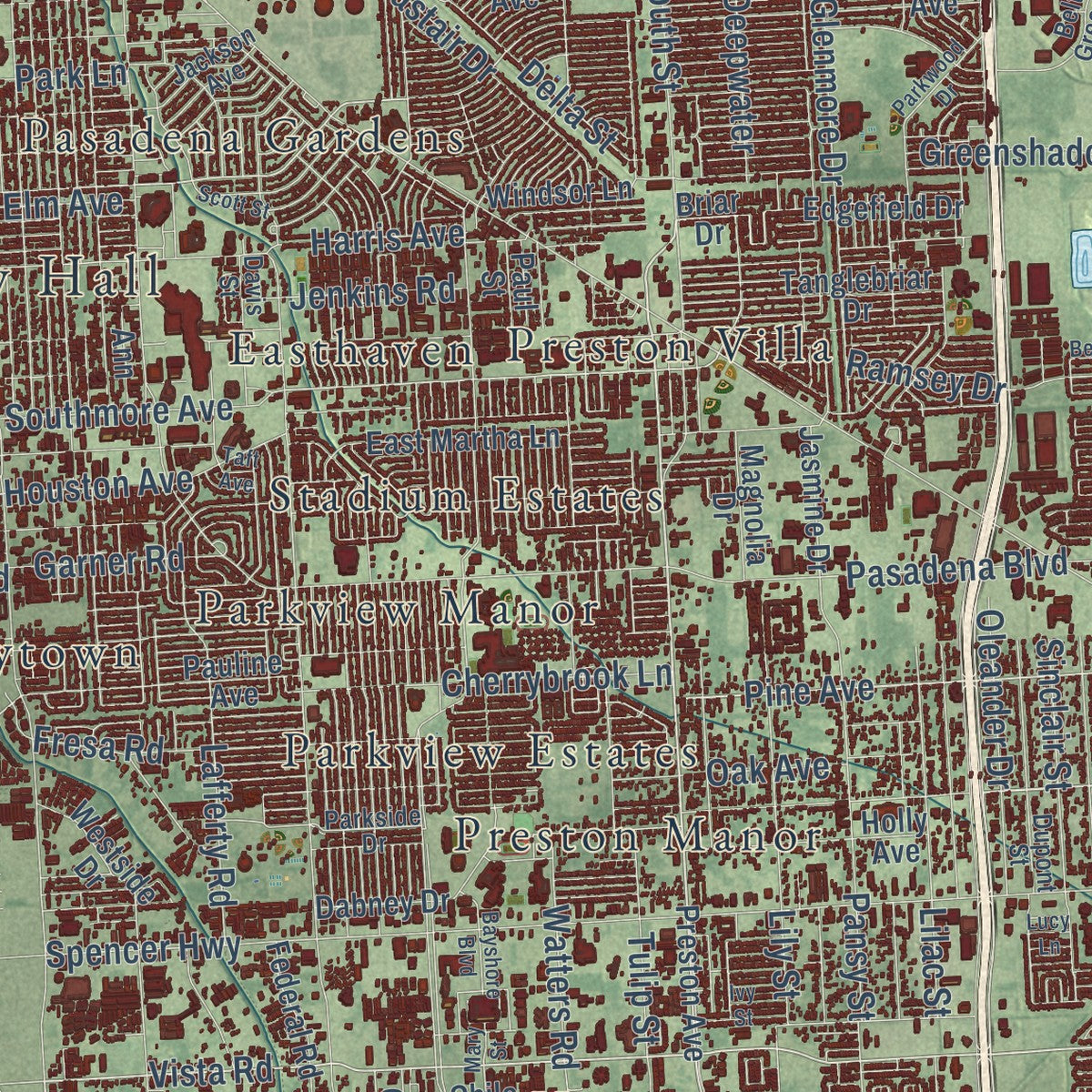 Close-up of the map of Pasadena, Texas print showing street and building detail