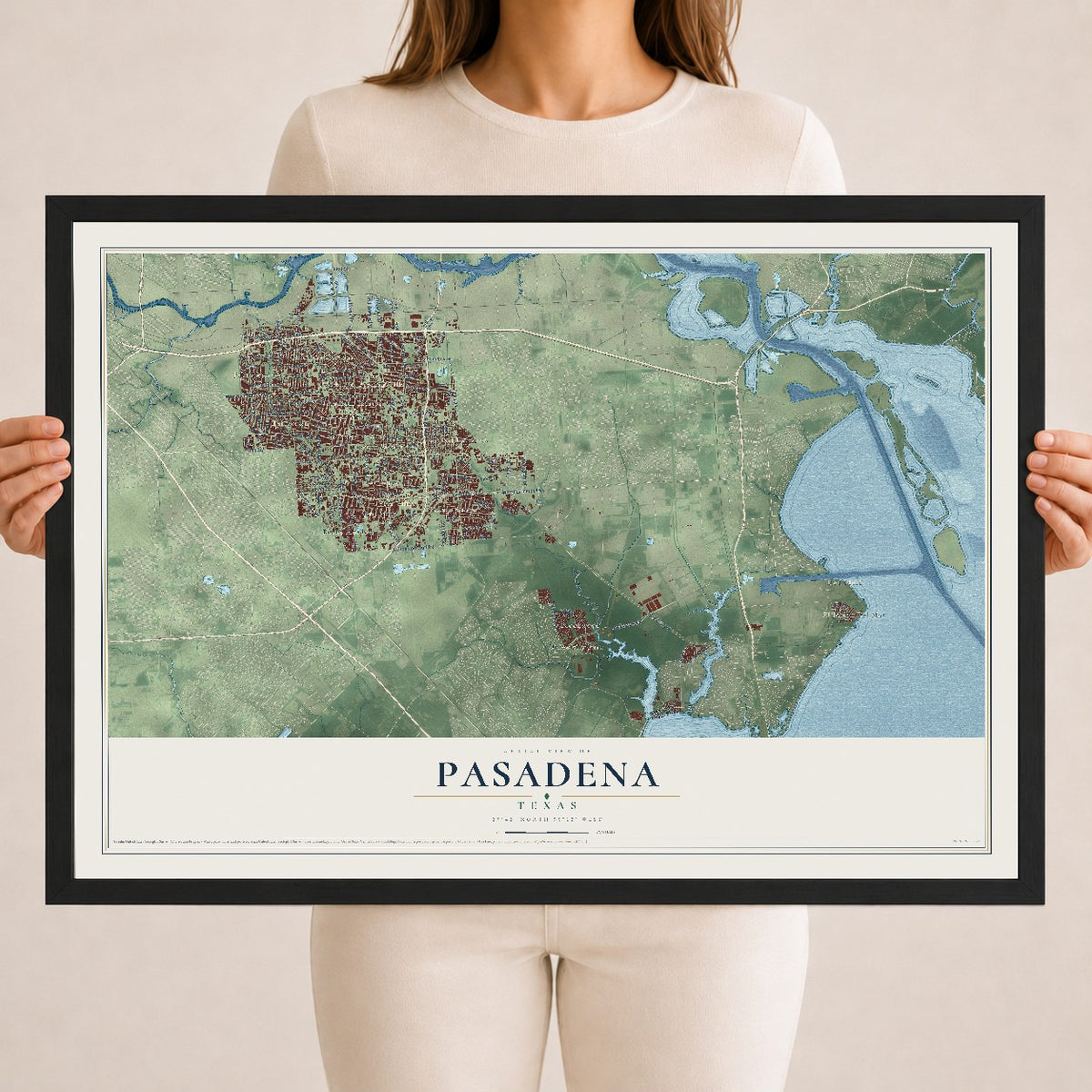 Map of Pasadena, Texas, 18 x 24 inch print in a black wood frame