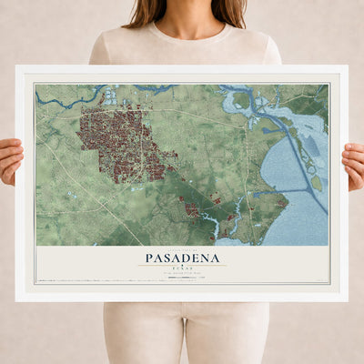 Map of Pasadena, Texas, 18 x 24 inch print in a white wood frame
