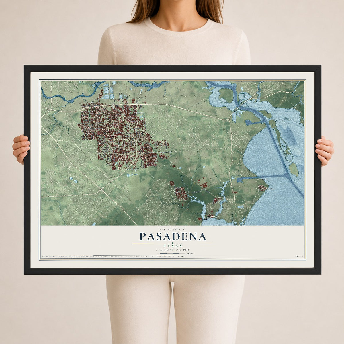 Map of Pasadena, Texas, 24 x 36 inch print in a black wood frame