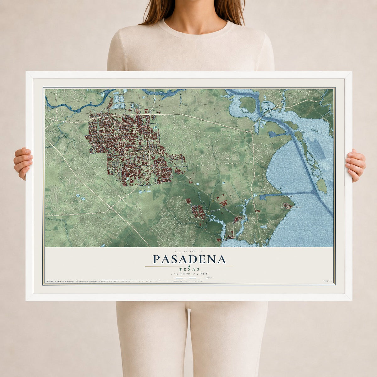 Map of Pasadena, Texas, 24 x 36 inch print in a white wood frame