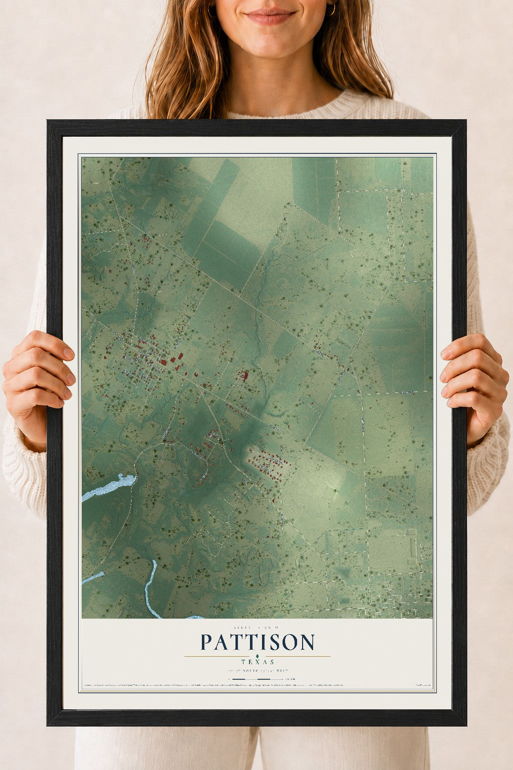 Map of Pattison, Texas, 18 x 24 inch print in a black wood frame