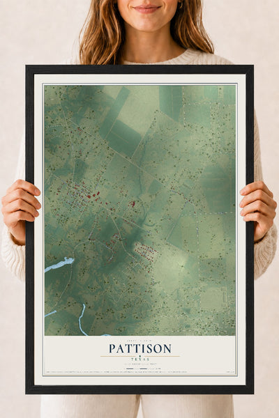 Map of Pattison, Texas, 18 x 24 inch print in a black wood frame