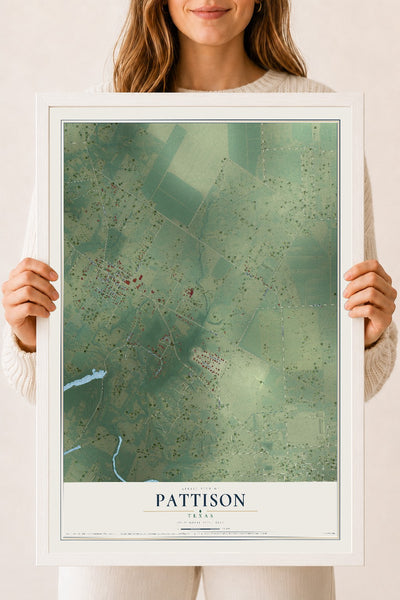 Map of Pattison, Texas, 18 x 24 inch print in a white wood frame