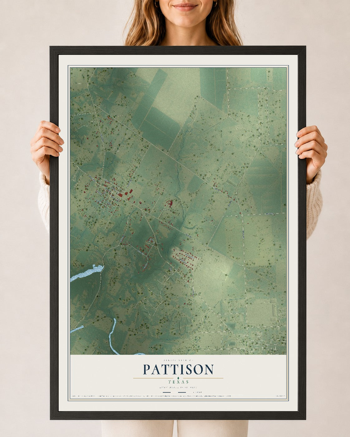 Map of Pattison, Texas, 24 x 36 inch print in a black wood frame