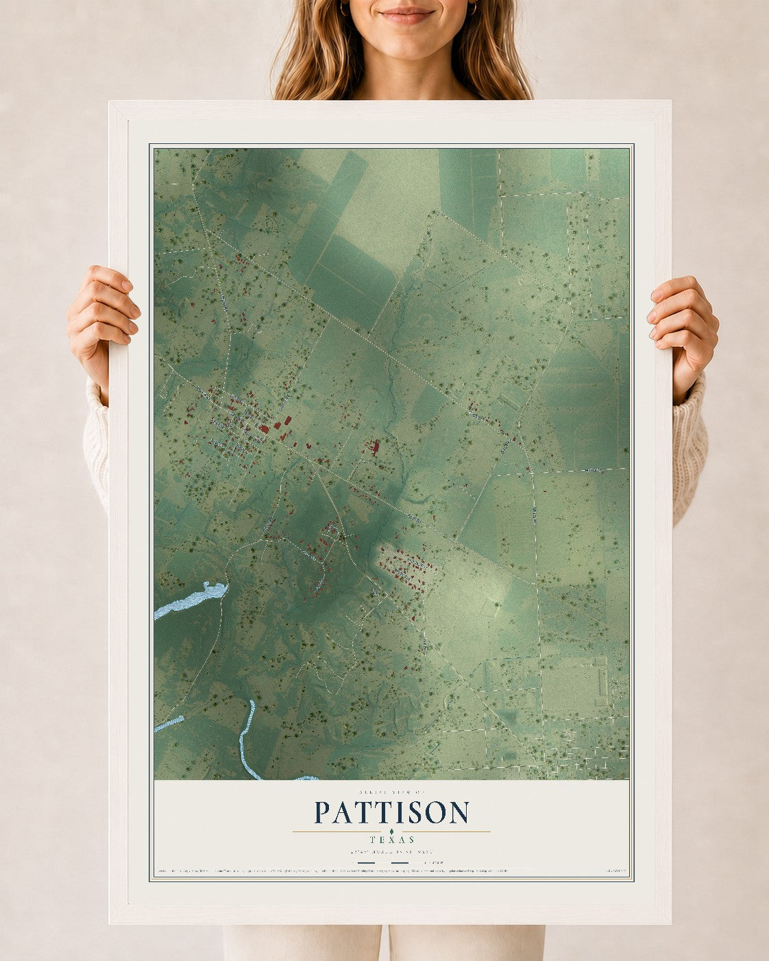 Map of Pattison, Texas, 24 x 36 inch print in a white wood frame
