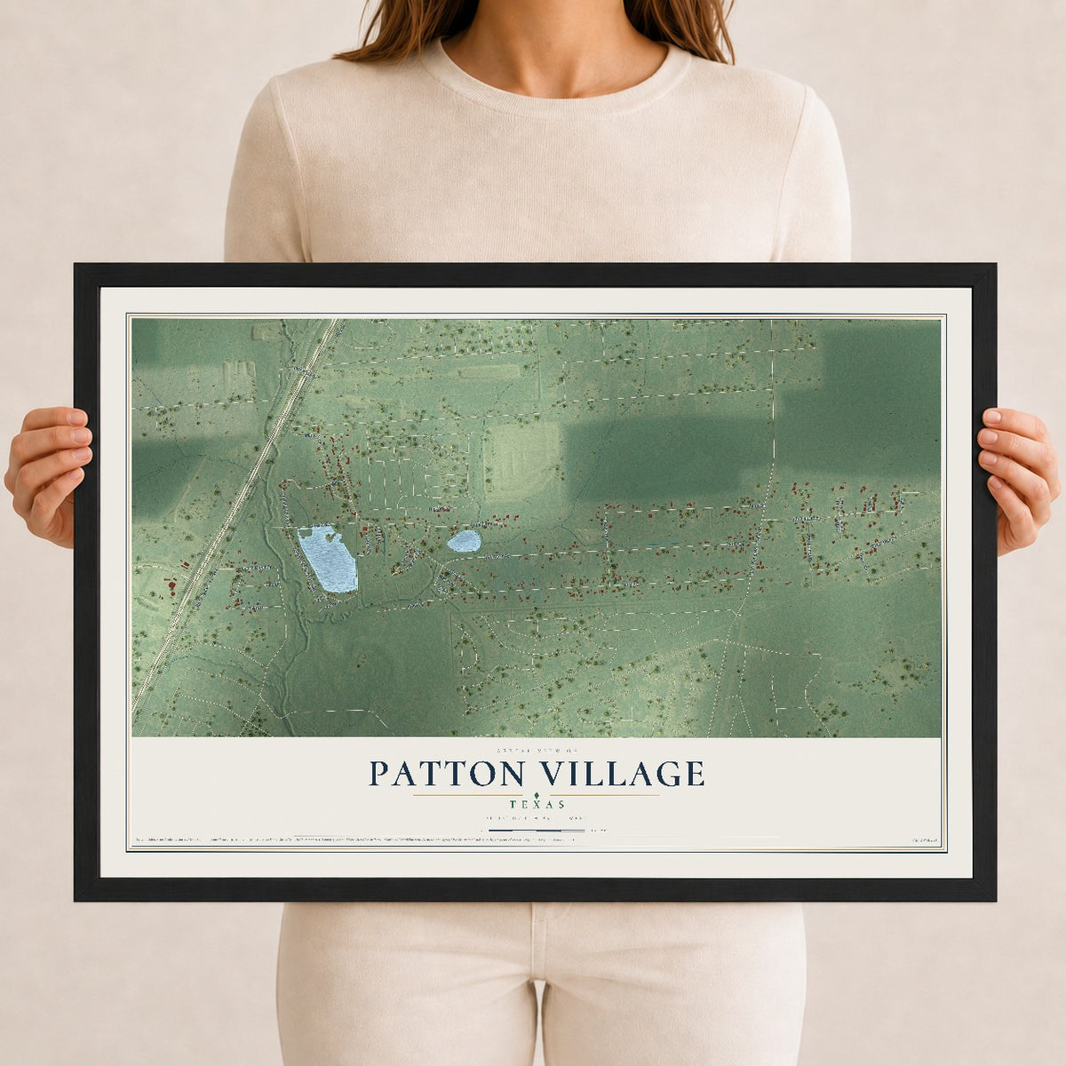 Map of Patton Village, Texas, 12 x 18 inch print in a black wood frame