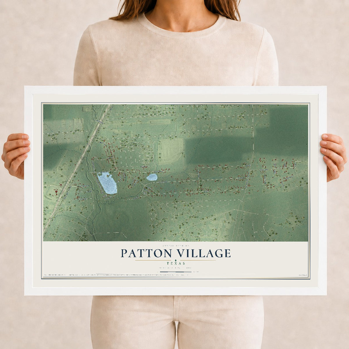 Map of Patton Village, Texas, 12 x 18 inch print in a white wood frame