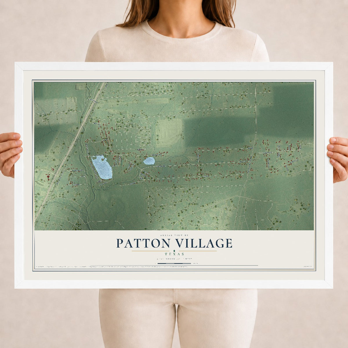 Map of Patton Village, Texas, 18 x 24 inch print in a white wood frame
