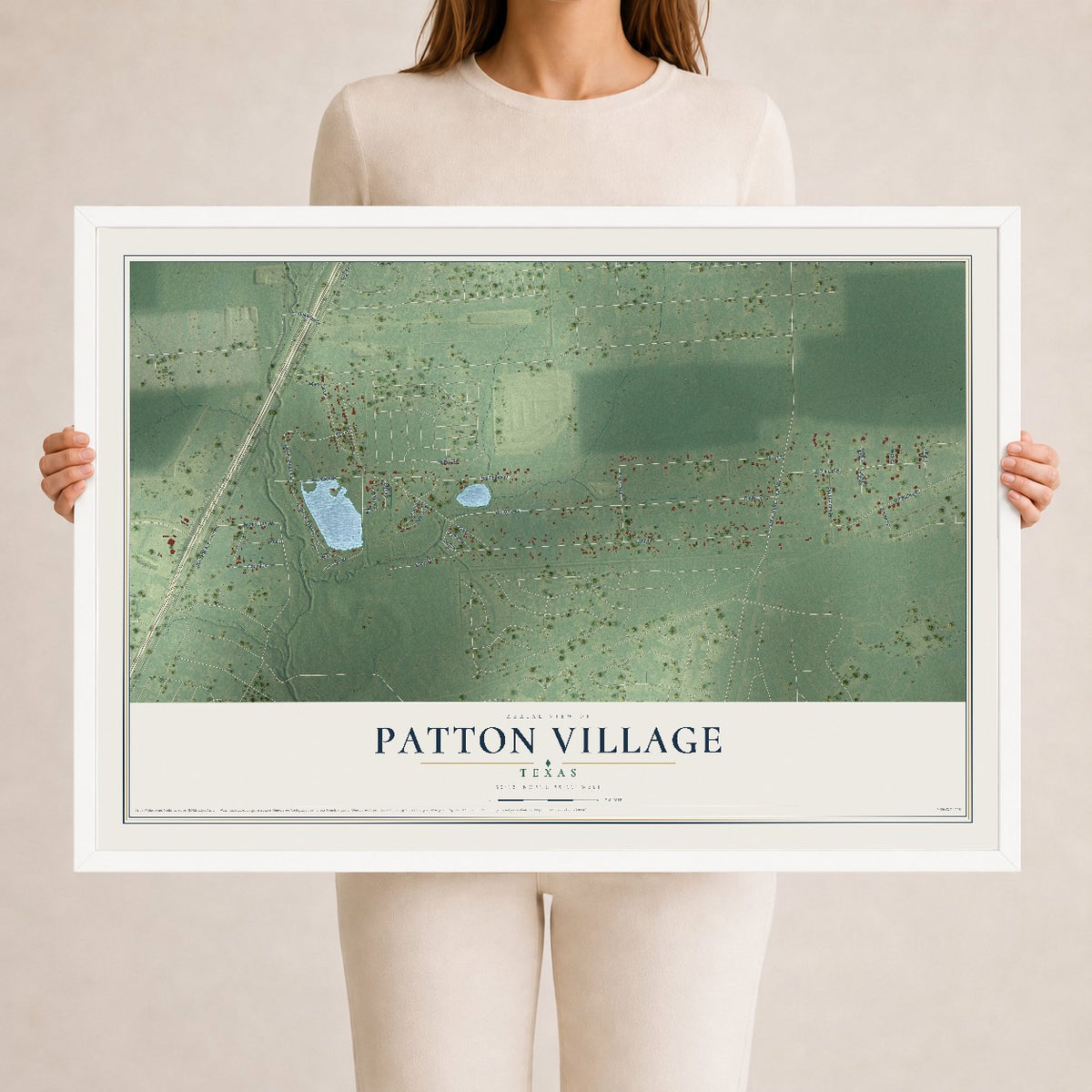 Map of Patton Village, Texas, 24 x 36 inch print in a white wood frame