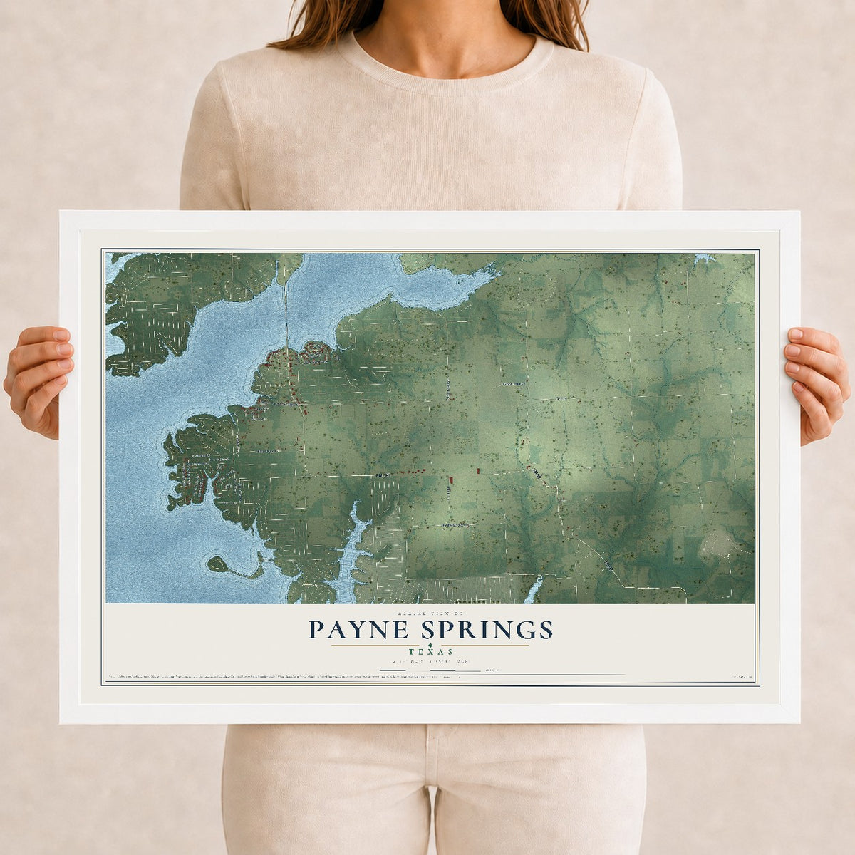 Map of Payne Springs, Texas, 12 x 18 inch print in a white wood frame