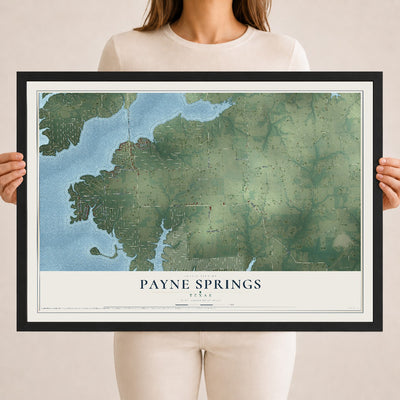 Map of Payne Springs, Texas, 18 x 24 inch print in a black wood frame