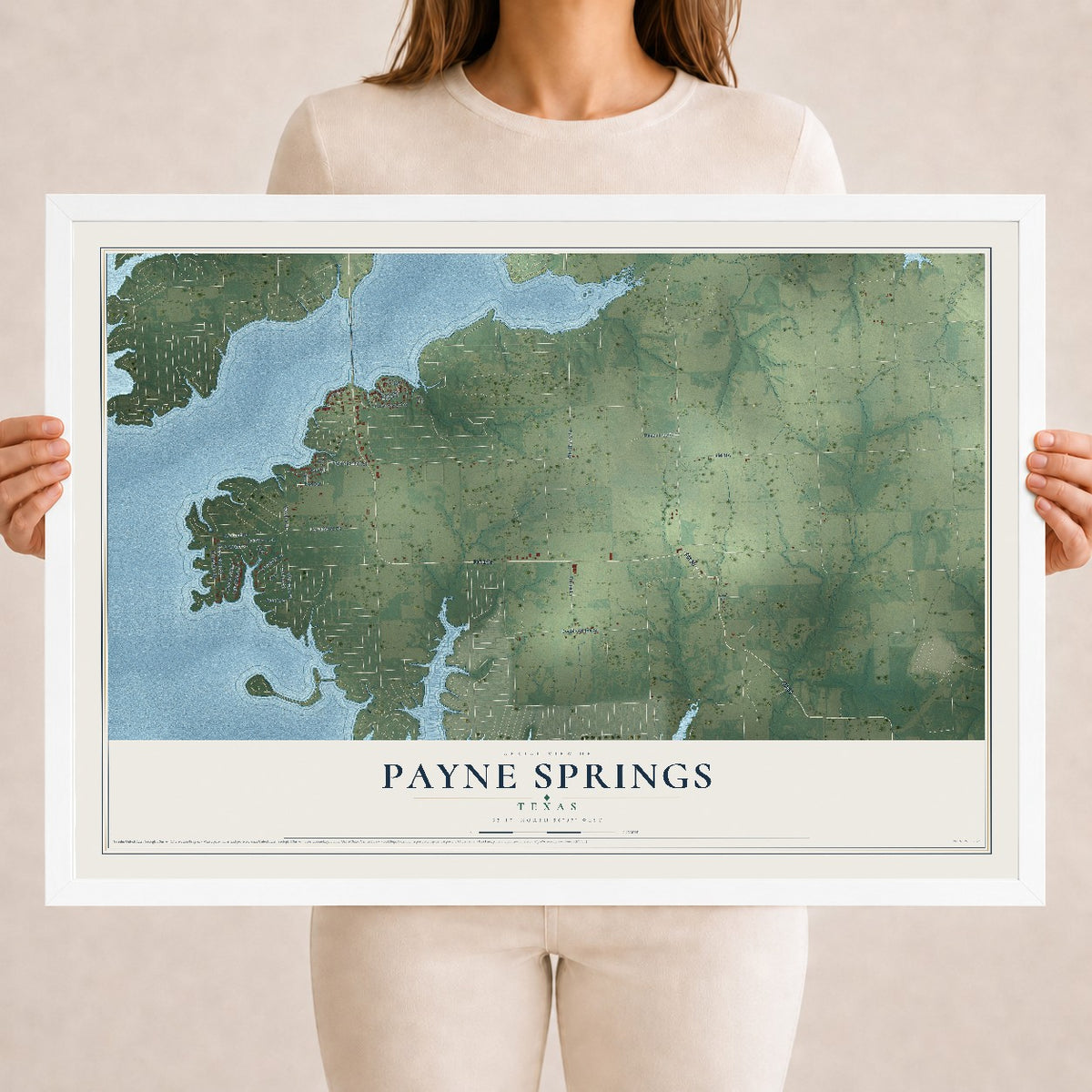 Map of Payne Springs, Texas, 18 x 24 inch print in a white wood frame