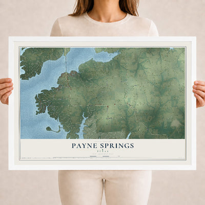 Map of Payne Springs, Texas, 18 x 24 inch print in a white wood frame