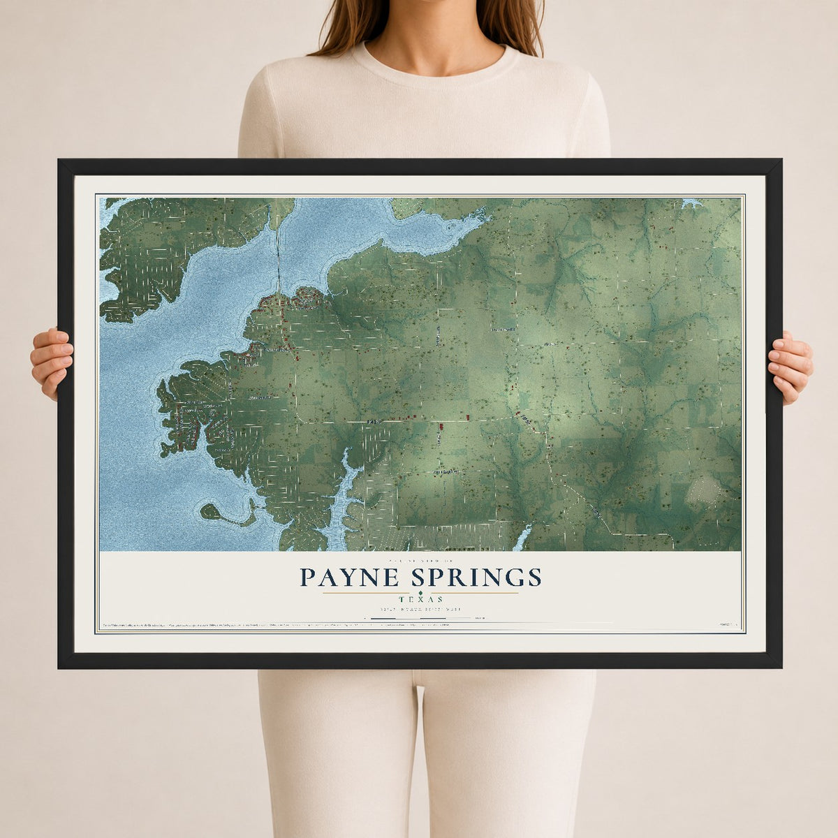 Map of Payne Springs, Texas, 24 x 36 inch print in a black wood frame
