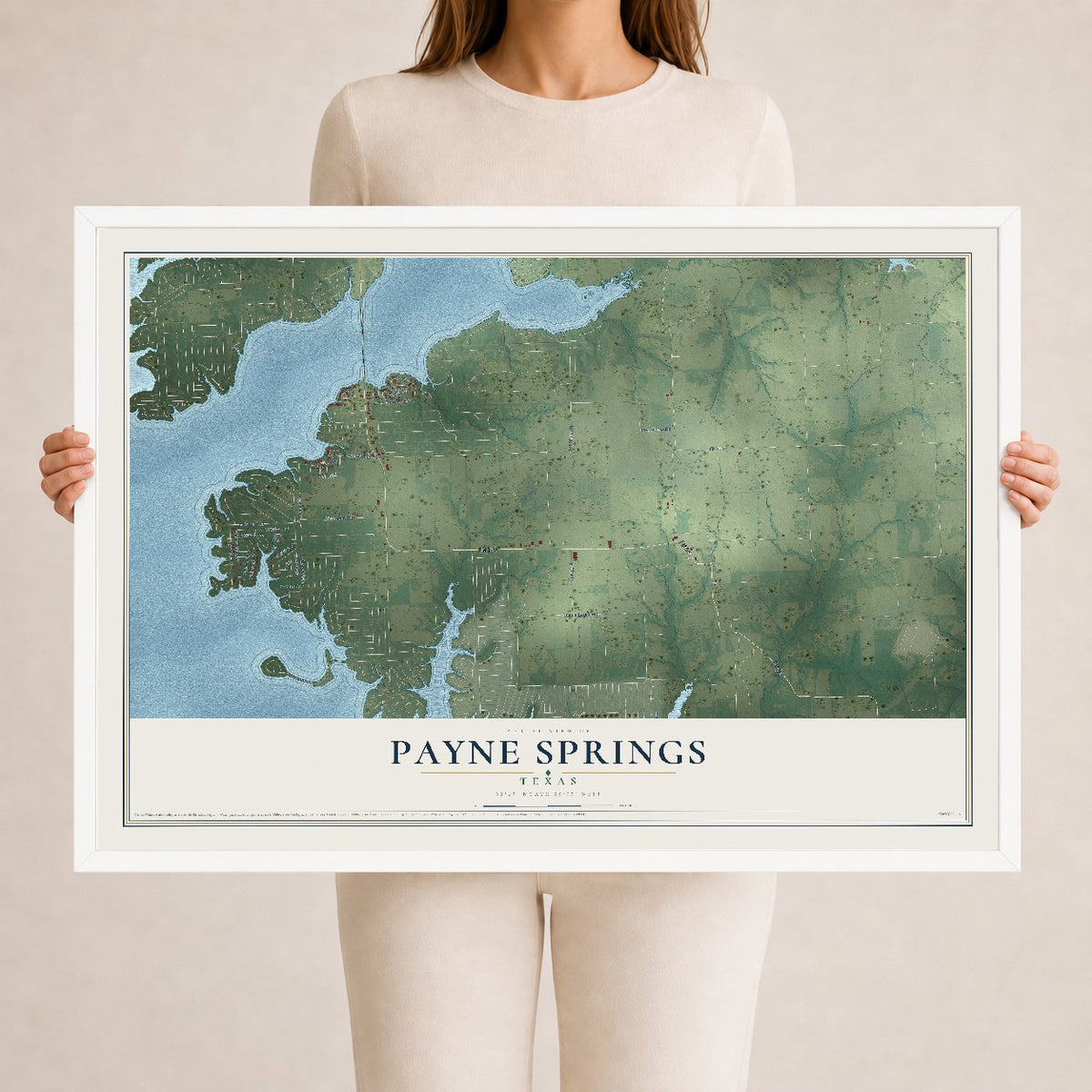 Map of Payne Springs, Texas, 24 x 36 inch print in a white wood frame