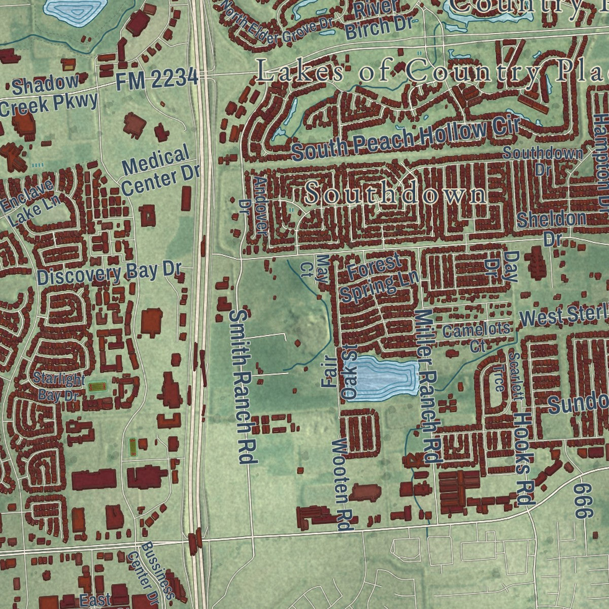 Second close-up of the map of Pearland, Texas print showing more streets and buildings