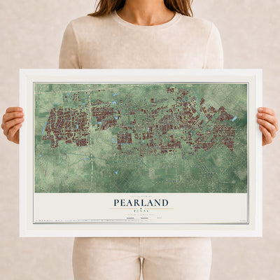 Map of Pearland, Texas, 12 x 18 inch print in a white wood frame