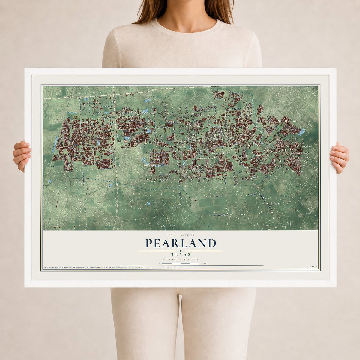 Map of Pearland, Texas, 24 x 36 inch print in a white wood frame