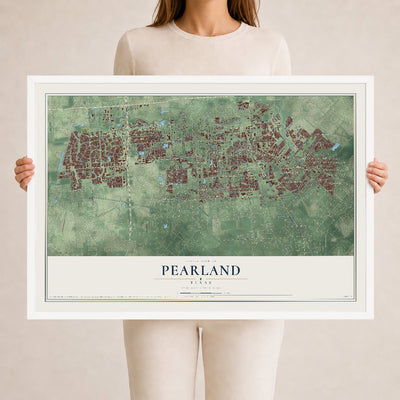 Map of Pearland, Texas, 24 x 36 inch print in a white wood frame