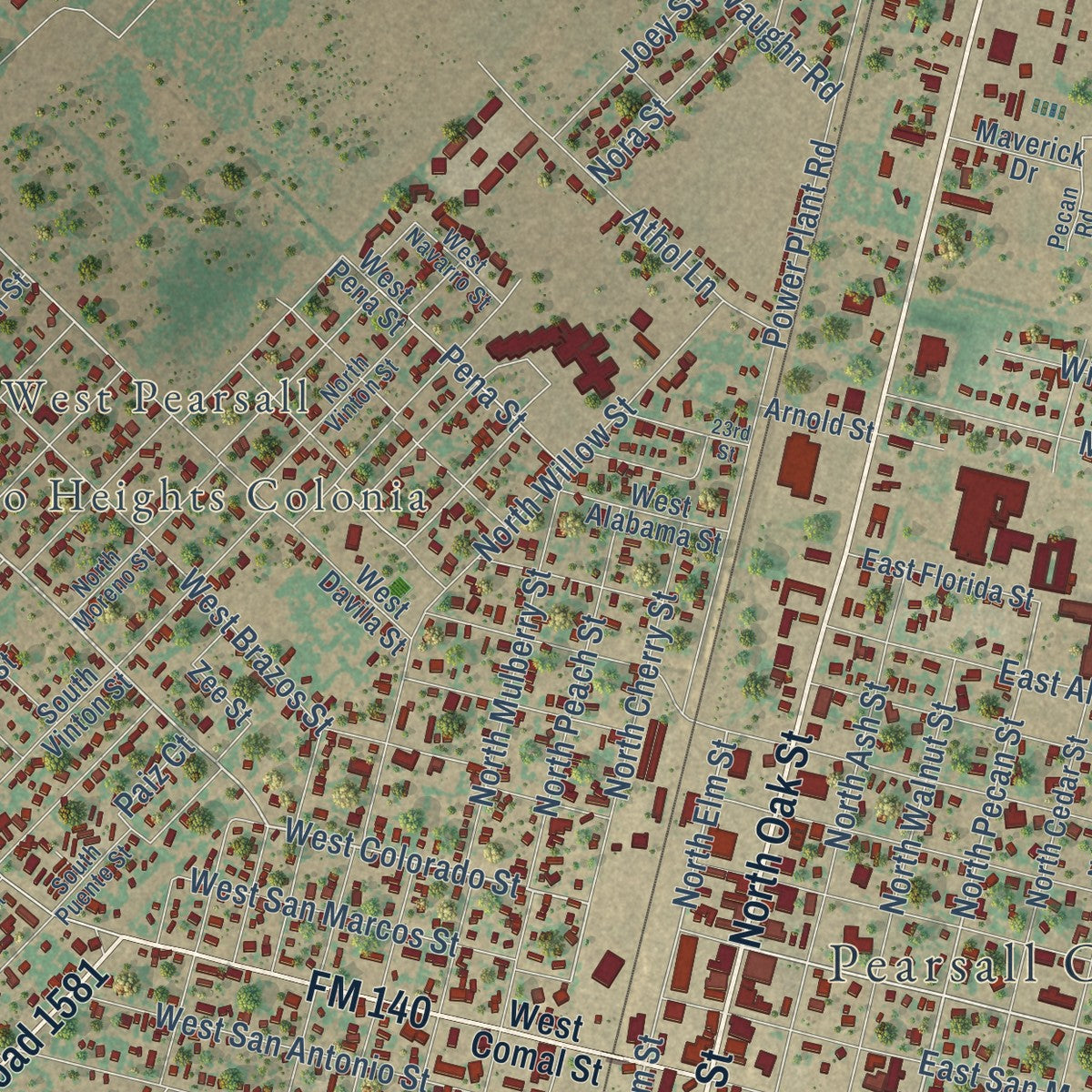 Close-up of the map of Pearsall, Texas print showing street and building detail