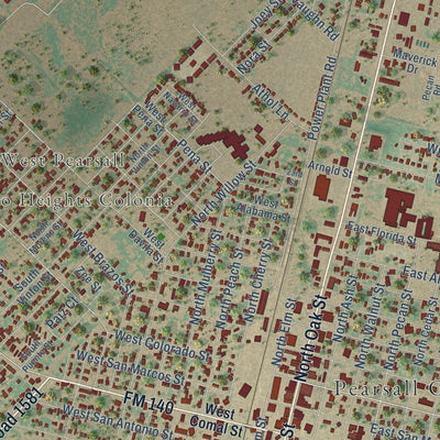 Close-up of the map of Pearsall, Texas print showing street and building detail