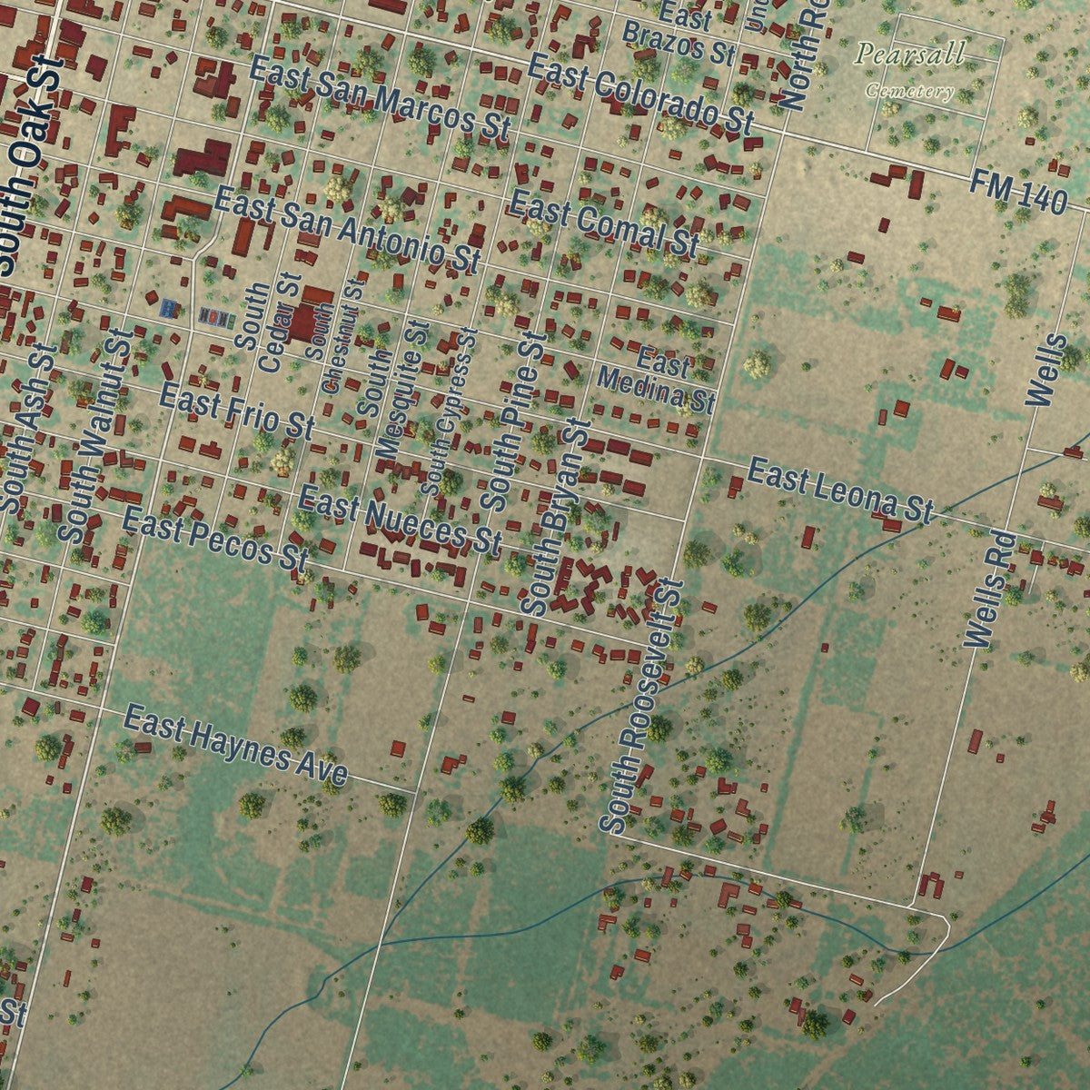 Second close-up of the map of Pearsall, Texas print showing more streets and buildings